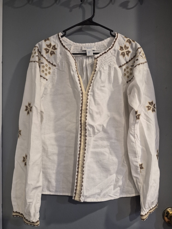 Calypso St. Barth Tops - Calypso St Barth Embroidered Boho Peasant Blouse Ivory Linen Cotton Top XL